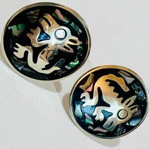 Vtg Large Alpaca Abalone Aztec Cufflinks Traditional Lizard Unique Mexico Jewelr